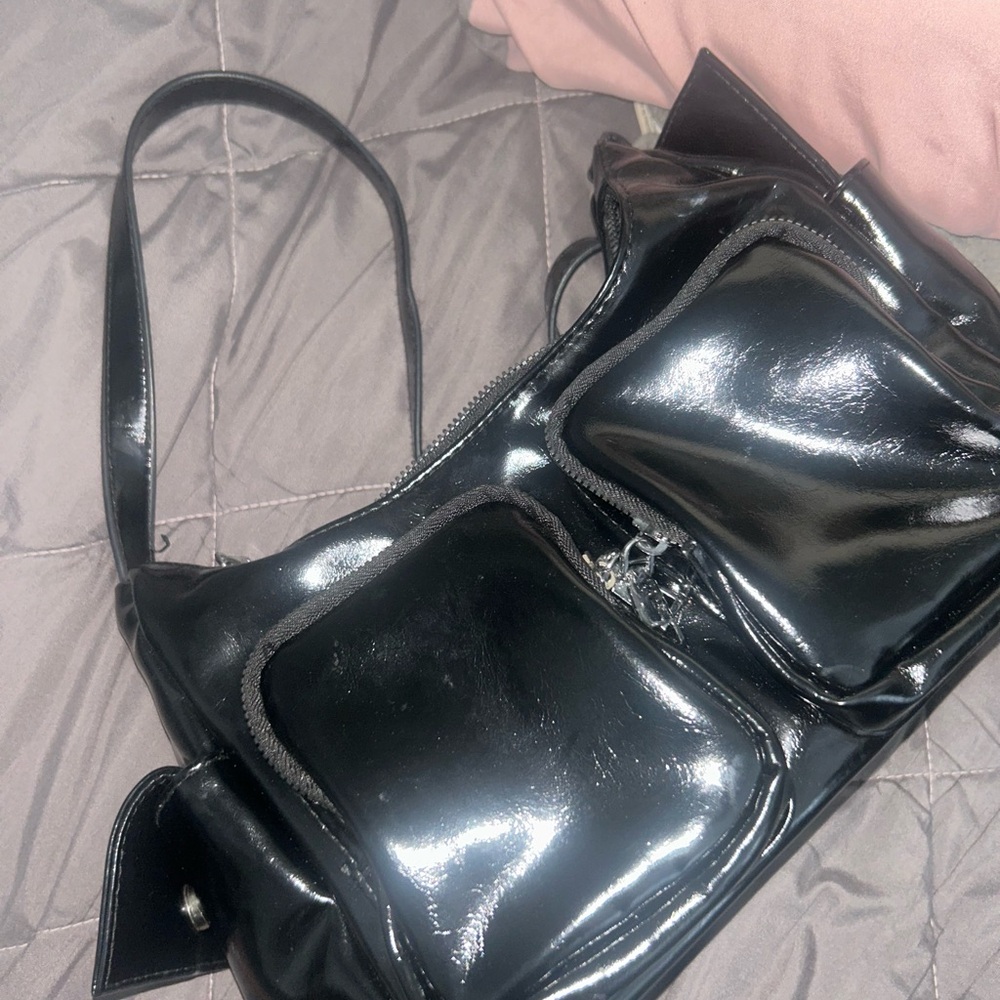 Black Patent Shoulder Bag with Front Pockets - Picture 4 of 4